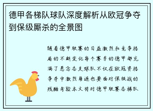 德甲各梯队球队深度解析从欧冠争夺到保级厮杀的全景图