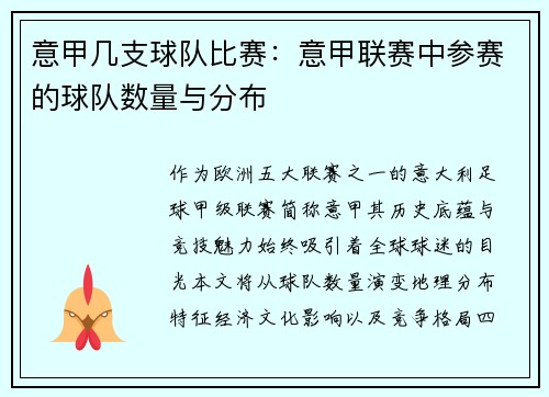 意甲几支球队比赛：意甲联赛中参赛的球队数量与分布