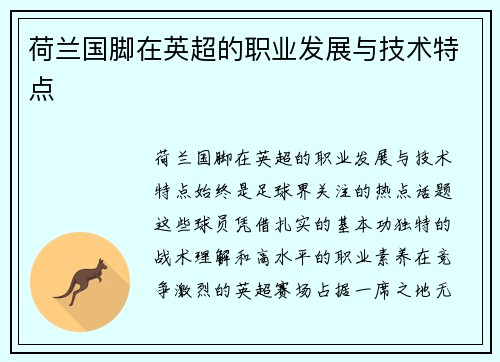 荷兰国脚在英超的职业发展与技术特点